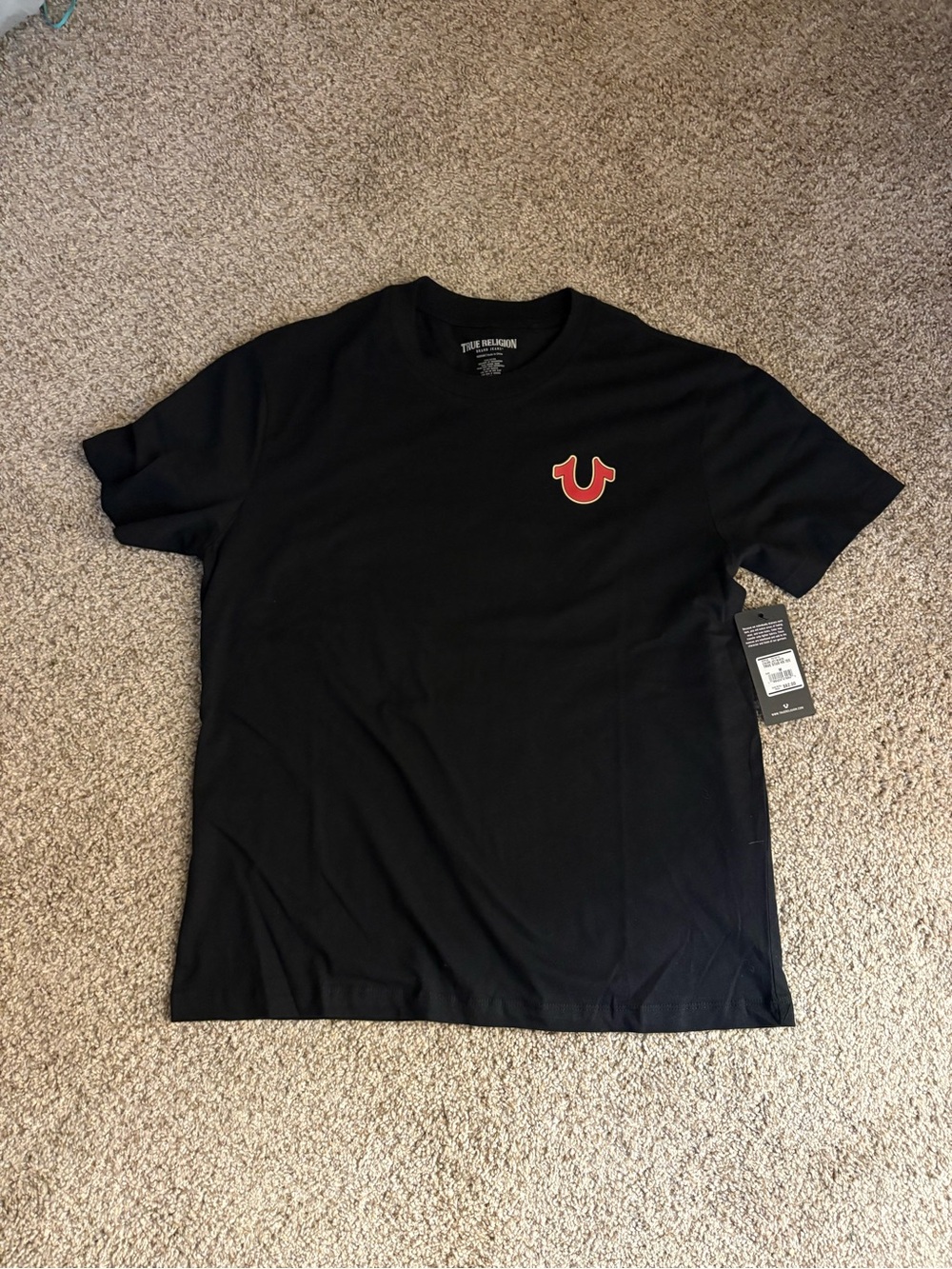 True Religion Black Short Sleeve Tee with Red Horseshoe Logo